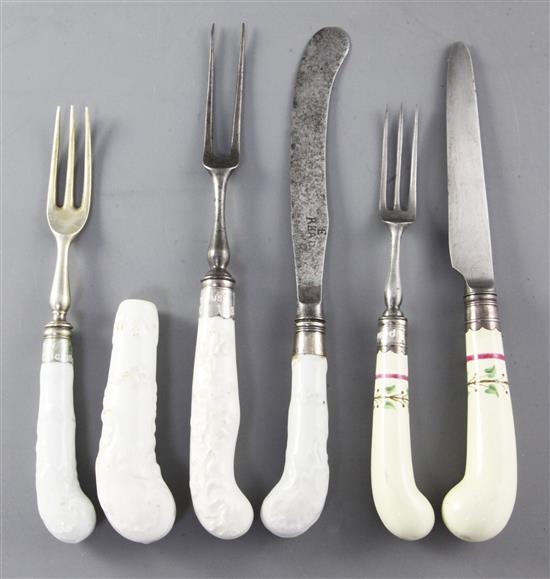 Four Bow white glazed white porcelain handled knives and forks, c.1755-60 9.5 - 22cm